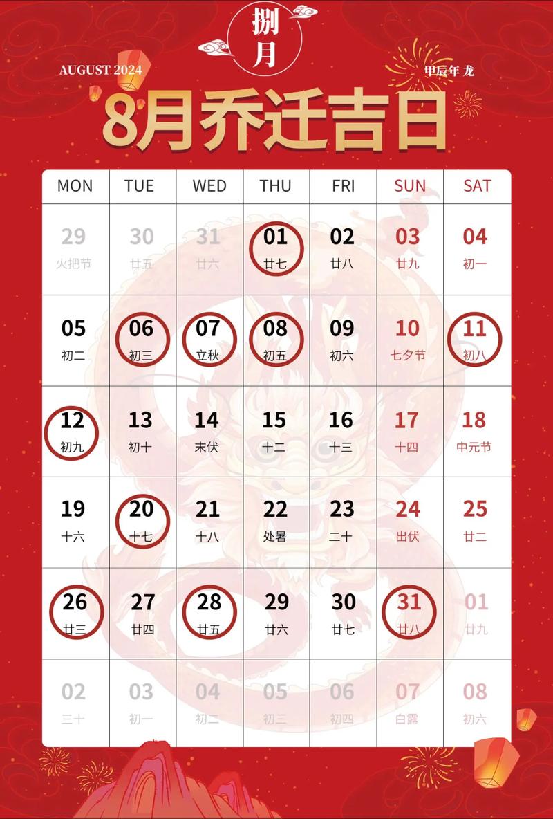 农历八月哪一天搬家蕞吉利，有没有推荐的吉日？