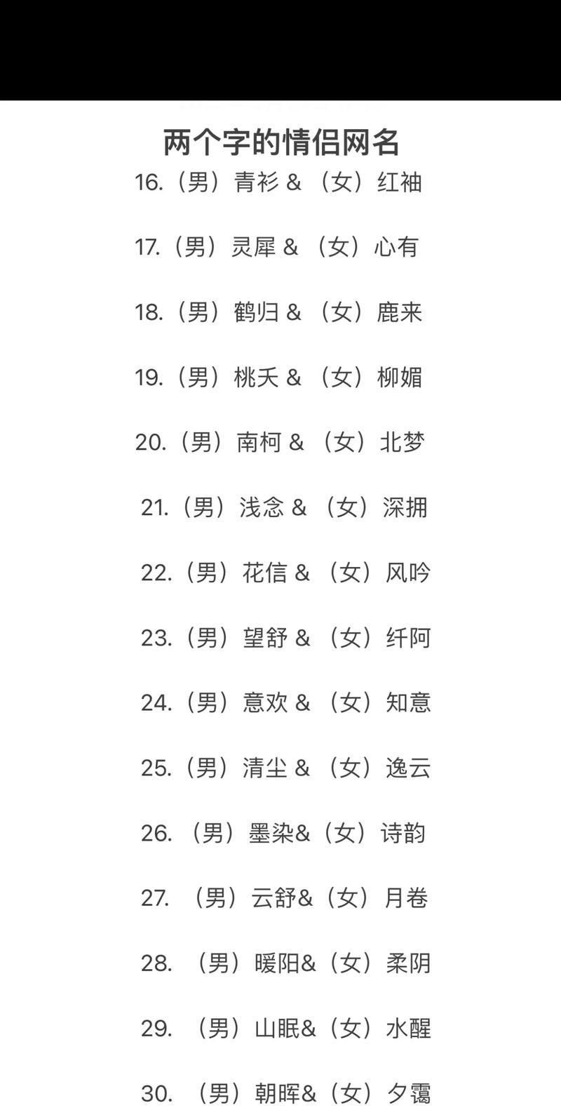 有没有好听的情侣名字两个字，可以推荐一下？