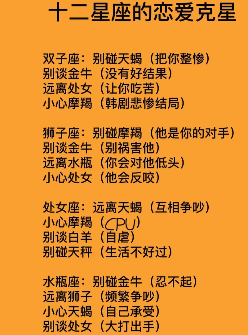 十二星座男的克星女分别是哪些星座？