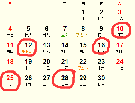 11月黄历中哪些日子是每月的吉日呢？