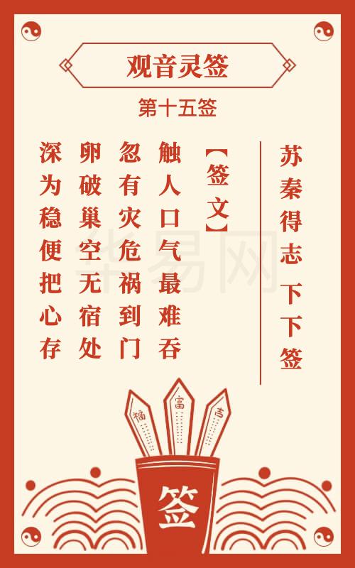 观音灵签第十五签详细解释中，其含义是什么？