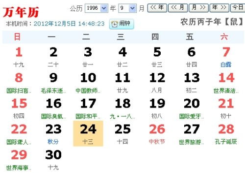 1996年8月13日农历是哪一天，9月12日农历是几号？