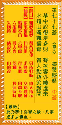 请问上清宫灵签七十七签 观世音灵签第七十七签的详细解释是什么？