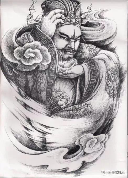 五鬼财神纹身手稿，白财神纹身图案细节如何描绘得栩栩如生？